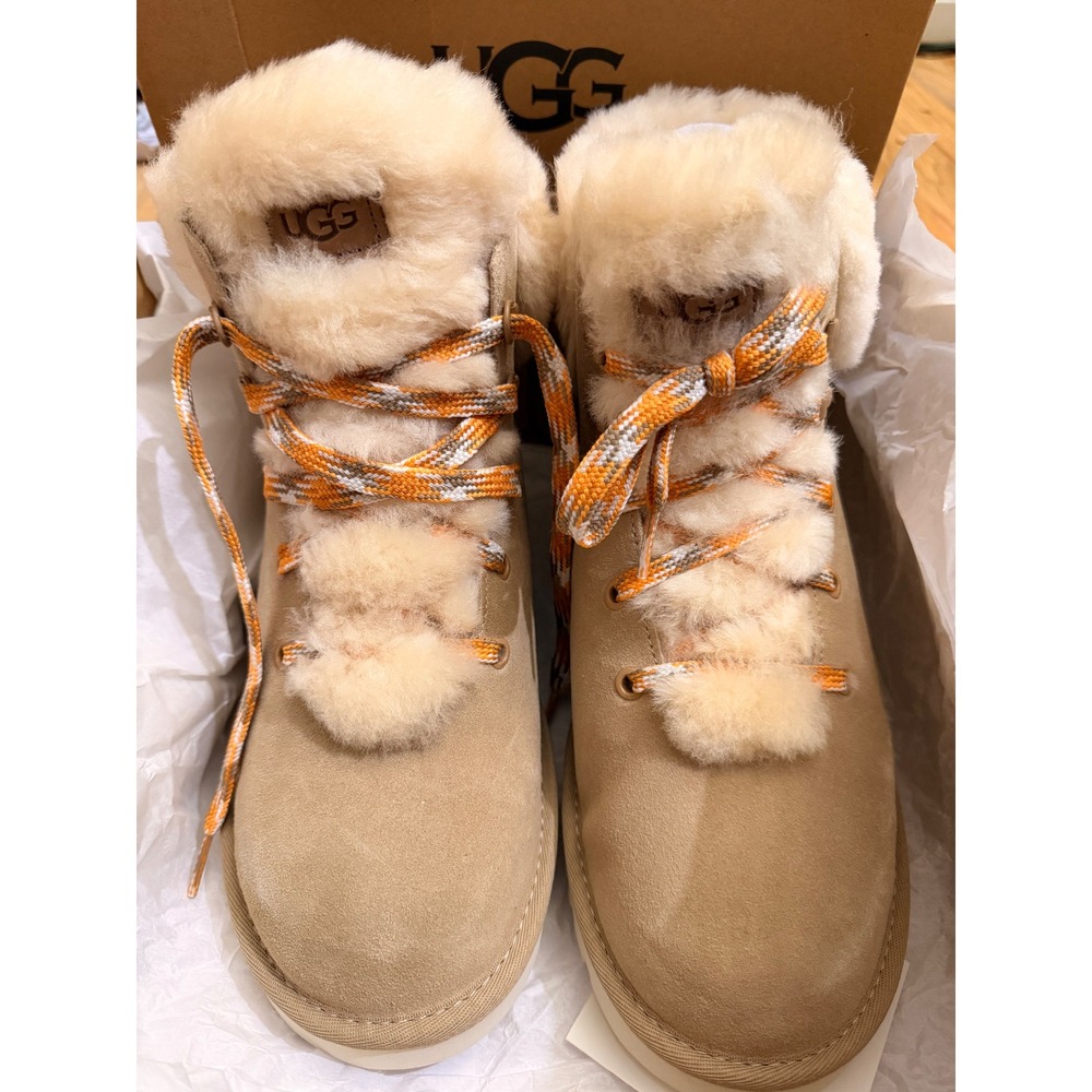 UGG Classic Mini Alpine Lace Boots Sand Suede Sheepskin 1130558 Womens 11 - Picture 2 of 16